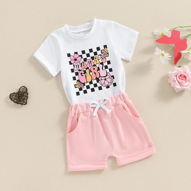 Baby Toddler Girls 2Pcs Mama's / Daddy's Girl Summer Outfit Letter Floral Flowers Checker Print Short Sleeve Top with Solid Color Elastic Waist Shorts Set