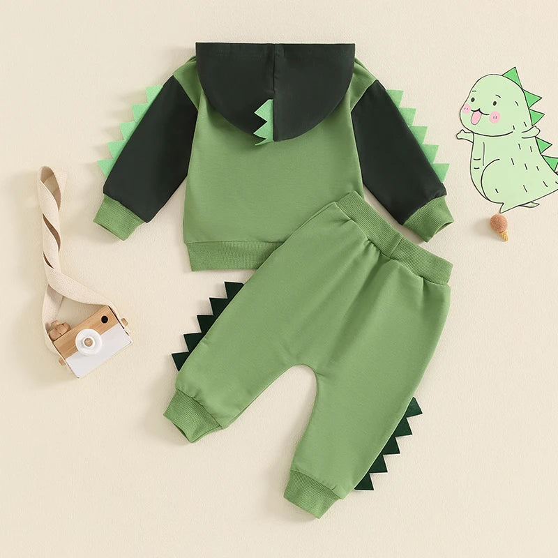 Baby Toddler Boys 2Pcs Dinosaur Outfit Contrast Color Long Sleeve Hoodie Top Elastic Waist Pants Set