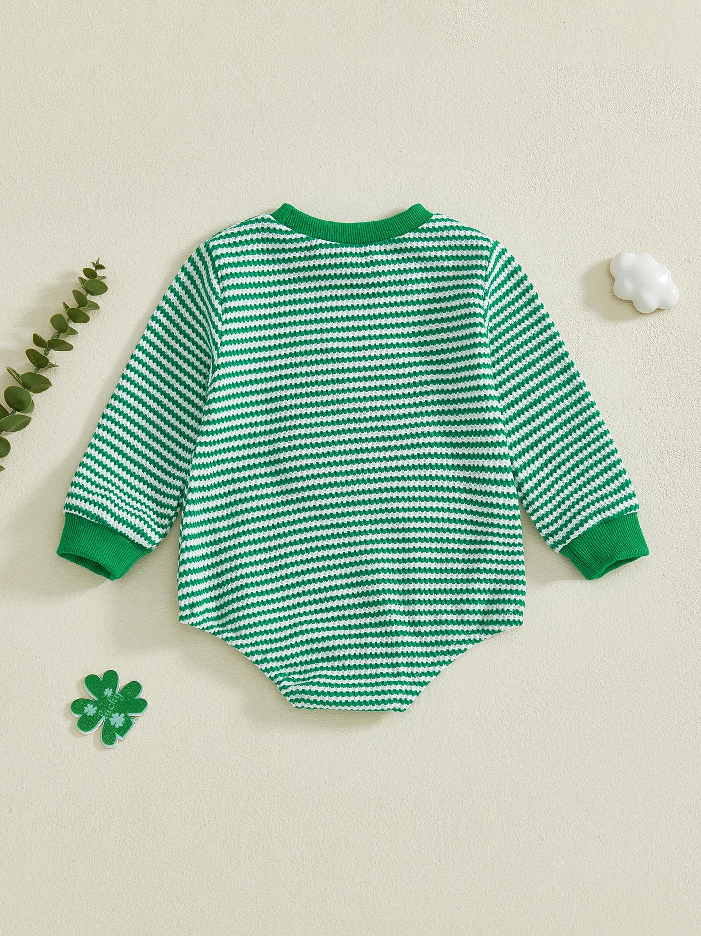 Baby Boys Girls Spring Romper Loose Fit Shamrock Embroidered Striped Crew Neck Long Sleeve Infant Jumpsuit St. Patrick's Day
