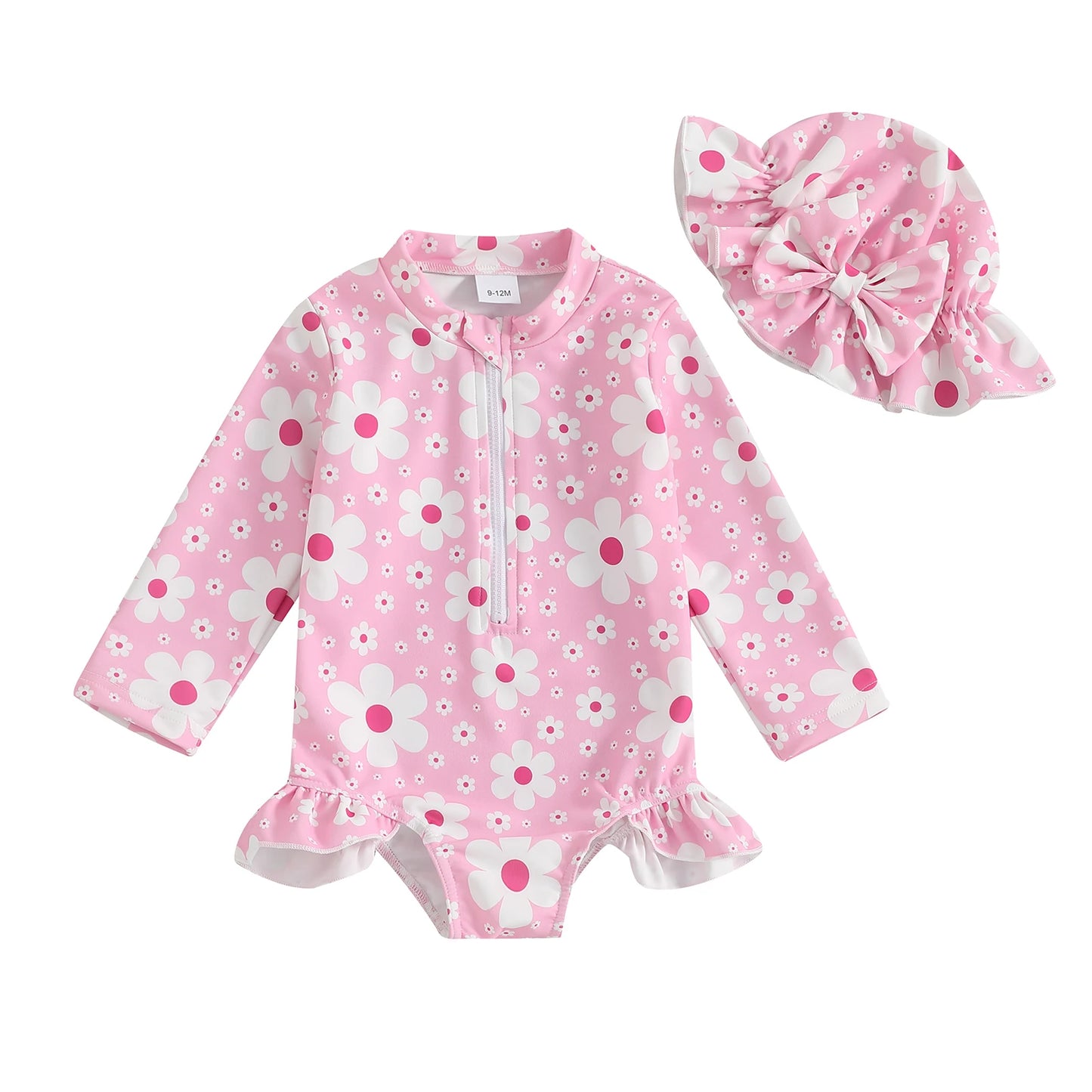 Baby Toddler Girls 2Pcs Swimsuit Long Sleeve Floral/Bow Print Ruffles Bathing Suit Swimwear with Swim Cap Set