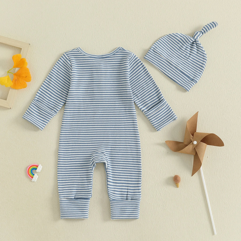 Baby Boys 2Pcs Fall Clothes Romper Stripe Print Long Sleeve Round Neck Full Length Jumpsuit with Hat Set