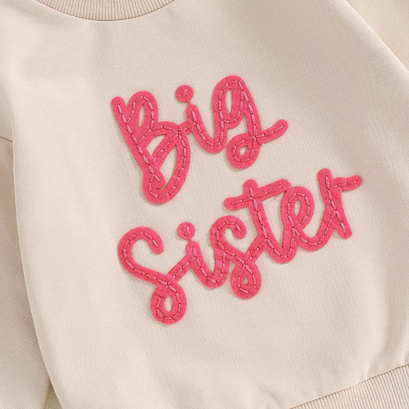 Toddler Kids Girls Big Sister Long Sleeve Crewneck Letter Embroidery Loose Fit Pullover Top