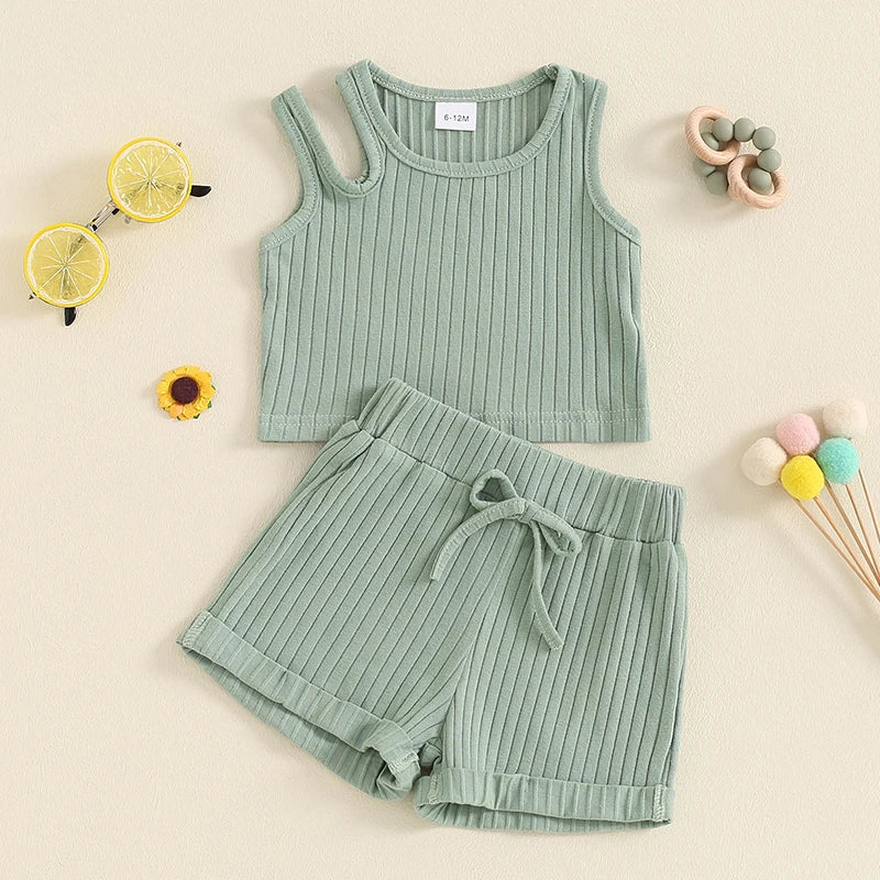 Baby Toddler Girls 2Pcs Ribbed Tank Top Elastic Waistband Drawstring Shorts Matching Outfit Set