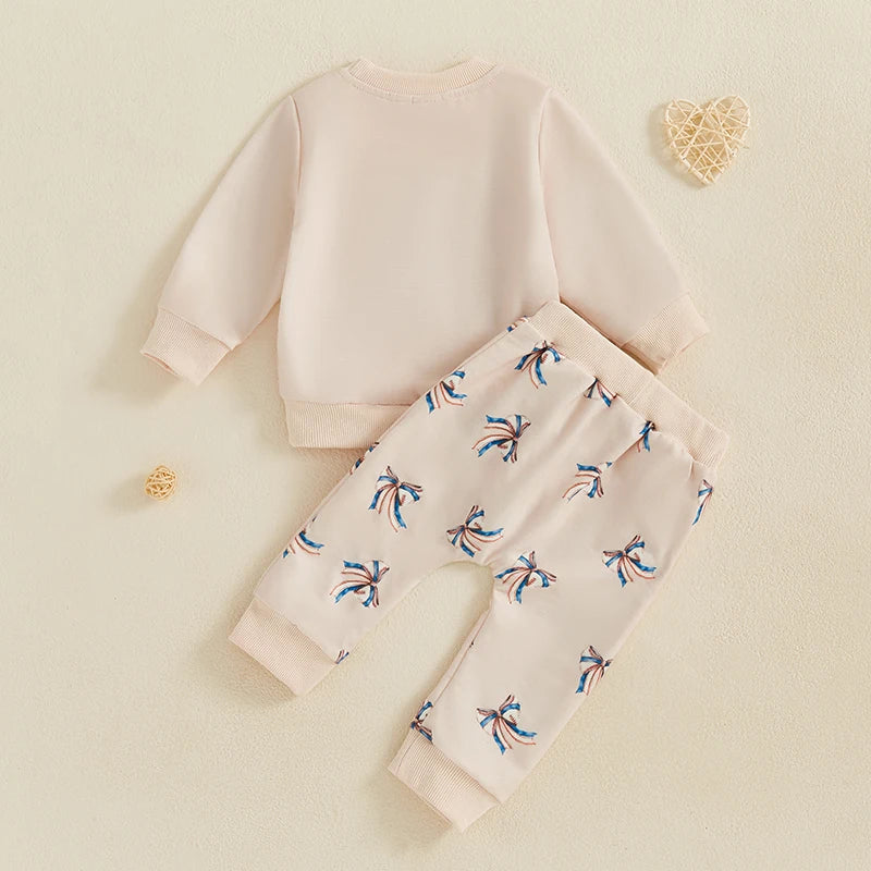 Baby Toddler Girls 2Pcs Fall Outfit Football / Baseball Bow Print Long Sleeve Crewneck Top and Elastic Pants Jogger Set