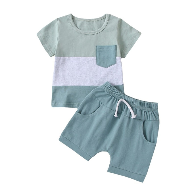 Toddler Baby Boy 2Pcs Summer Clothes Set Short Sleeve Round Neck Stripe Print T-Shirt Solid Shorts