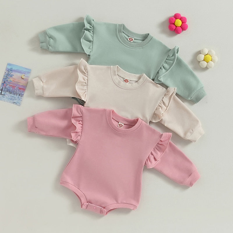 Baby Boy Girl Bodysuit Ruffle Long Sleeve Round Neck Solid Color Jumpsuit Romper