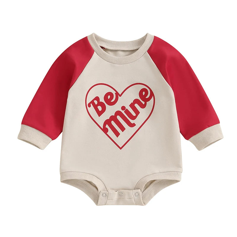 Baby Girls Boys Valentine's Day Jumpsuit Letter Be Mine Heart Print Round Neck Long Sleeve Romper