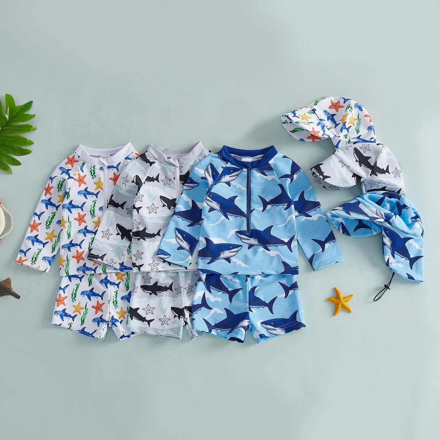 Baby Toddler Boys 3Pcs Rash Guard Swimsuit Print Zip Up Long Sleeve Swimwear Top Swim Shorts and Hat Set
