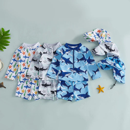 Baby Toddler Boys 3Pcs Rash Guard Swimsuit Print Zip Up Long Sleeve Swimwear Top Swim Shorts and Hat Set
