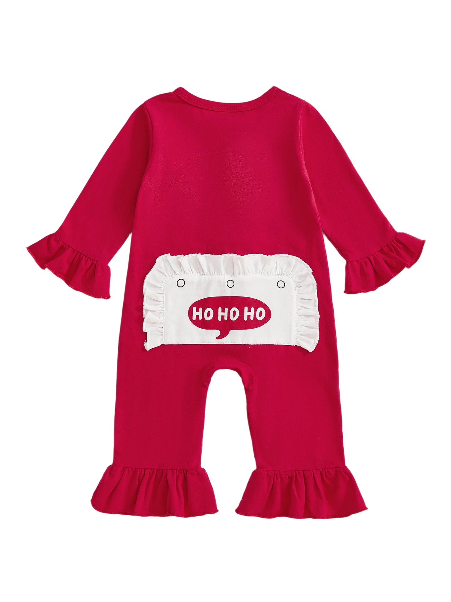 Baby Girl Bell Bottom Romper Fashionable Santa Claus Print Ho Ho Ho Bottom Round Neck Long Sleeve Ruffled Jumpsuit