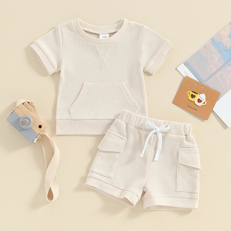 Baby Toddler Boy Girl 2Pcs Waffle Outfit Solid Color Short Sleeve Pocket Top with Elastic Waist Shorts Set