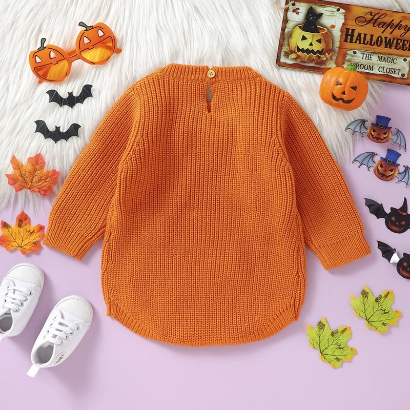 Baby Boys Girls Halloween Knit Romper Pumpkin Embroidery Round Neck Long Sleeve Sweater Jumpsuit