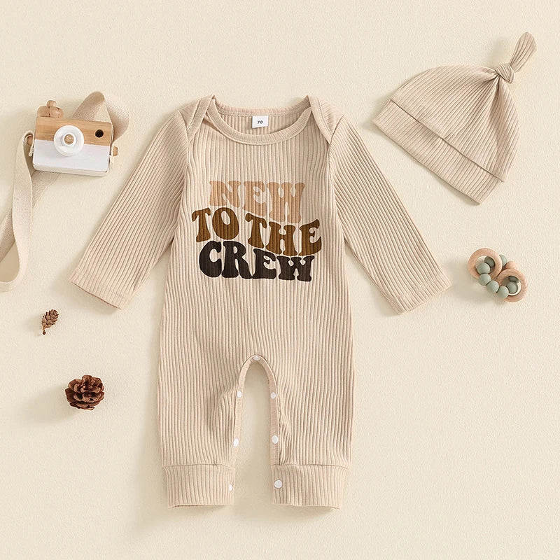 Baby Girl Boy 2Pcs New To The Crew Fall Romper Letter Ribbed Long Sleeve Full Length Jumpsuit Hat Clothes Outfit Set