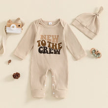 Load image into Gallery viewer, Baby Girl Boy 2Pcs New To The Crew Fall Romper Letter Ribbed Long Sleeve Full Length Jumpsuit Hat Clothes Outfit Set
