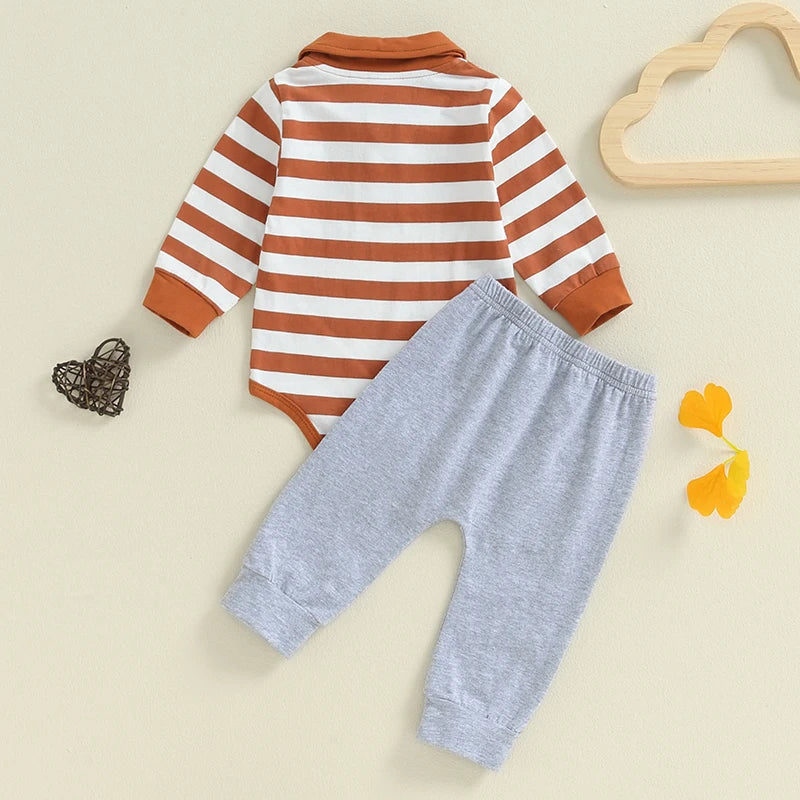 Baby Boys 2Pcs Fall Outfit Stripe Turn-Down Collar Long Sleeve Romper Elastic Waist Long Pants Set