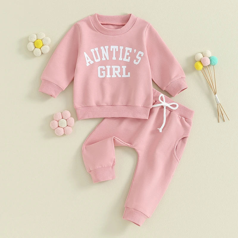 Toddler Baby Girls 2Pcs Clothes Sets Long Sleeve Letter Auntie's Girl Print Pullover Top + Pants Set