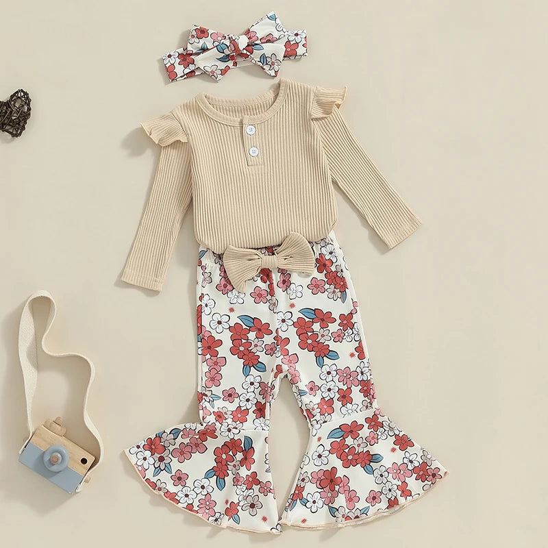 Baby Girls 3Pcs Fall Outfit Ruffle Ribbed Long Sleeve Romper Flower Flare Pants Tie Headband Set