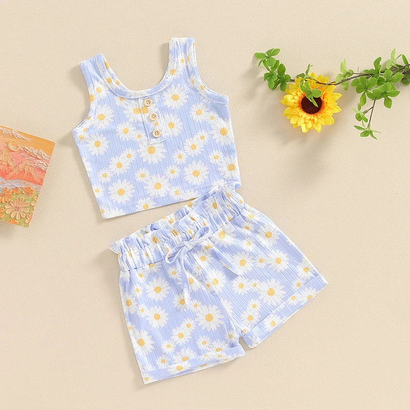 Baby Toddler Girls 2Pcs Daisy Flower Print Sleeveless Crew Neck Tank Top and Matching Shorts Summer Outfit Set