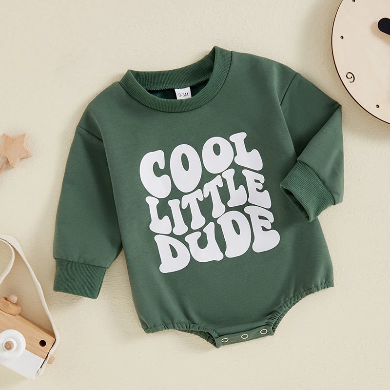 Baby Boy Cool Little Dude Bubble Romper Letter Print Round Neck Long Sleeve Casual Jumpsuit Bodysuit