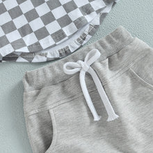 Load image into Gallery viewer, Toddler Baby Boy 2Pcs Summer Outfits Checkerboard Print Tank Top Hoodie and Harem Shorts
