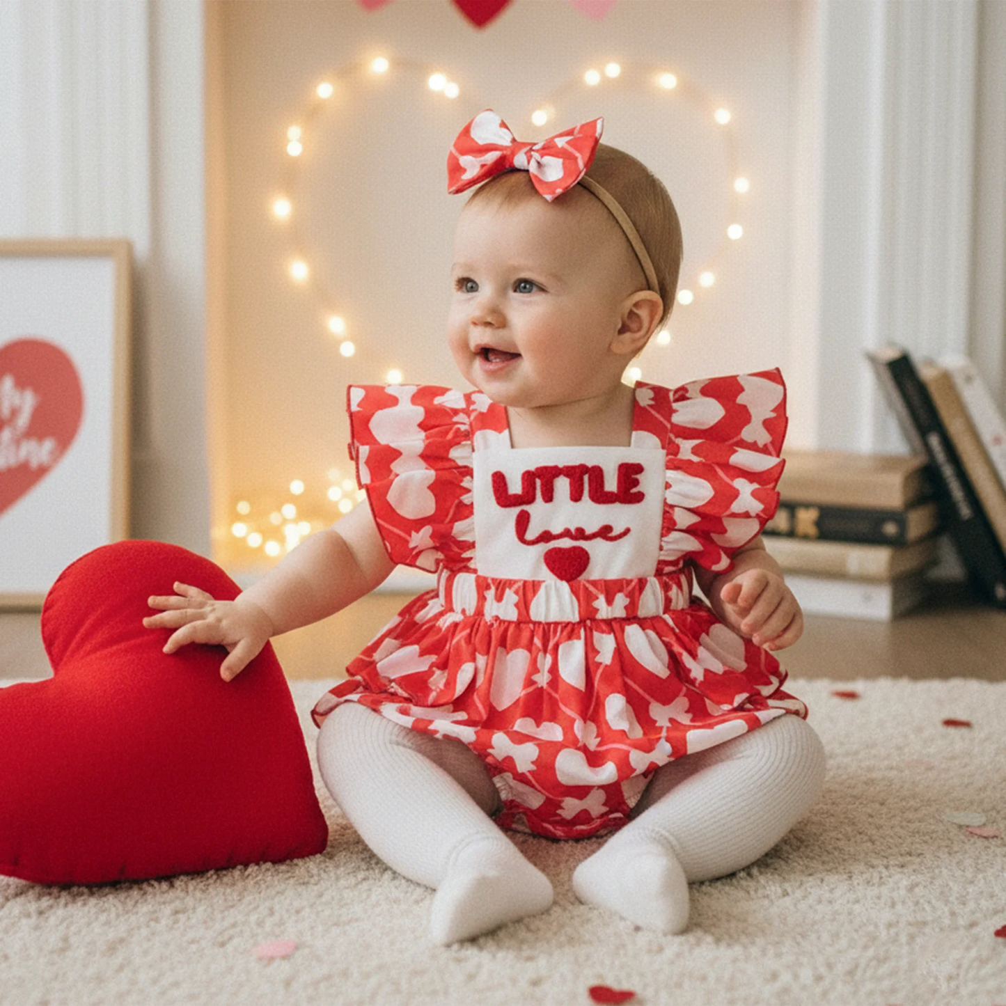 Baby Girls 2Pcs Little Love Valentine's Day Romper Flutter Sleeve Letter Embroidery Heart Print Jumpsuits with Bow Headband Set