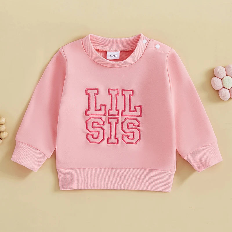 Baby Toddler Boys Girls Lil Sis/ Bro Long Sleeve Crewneck Top Words Letters Embroidered Sister Brother