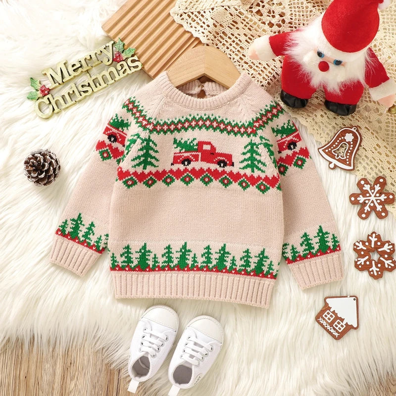 Baby Toddler Boy Girl Christmas Sweater Long Sleeve Round Neck Truck Tree Print Knit Pullover Top