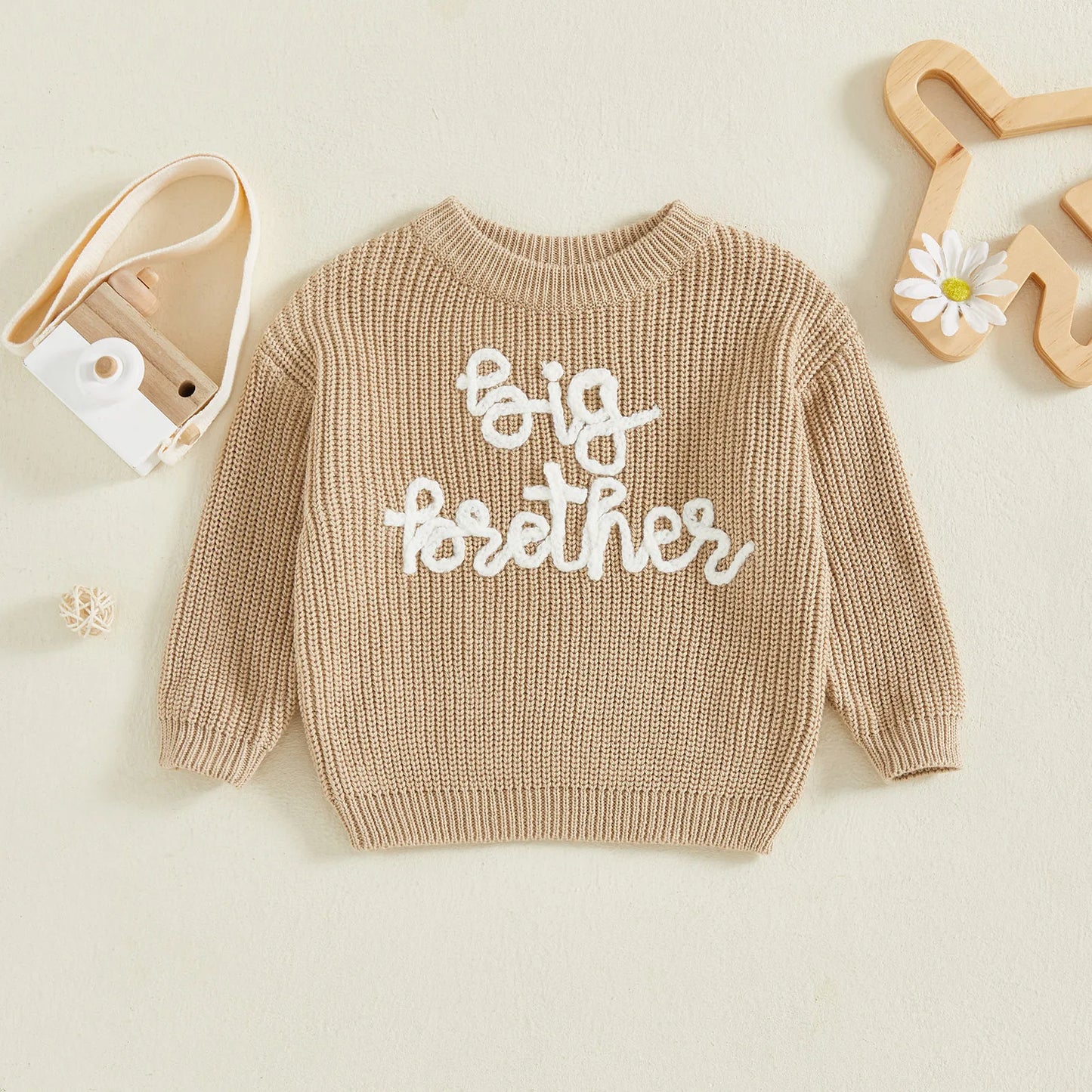 Toddler Boy Big Brother Fall Sweater Letter Embroidered Crewneck Long Sleeve Pullover Chunky Knit Tops