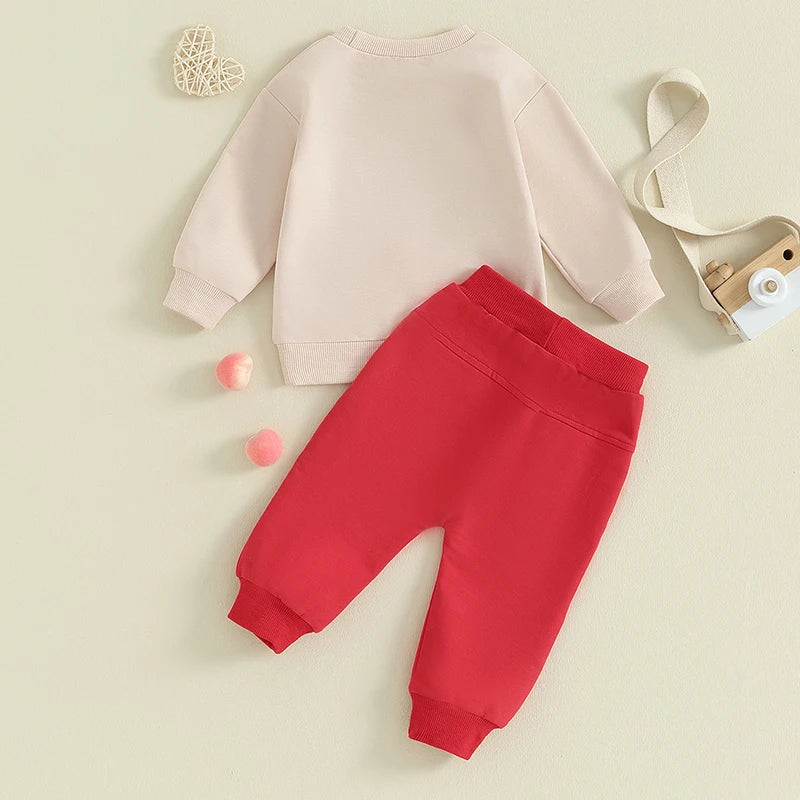 Baby Toddler Boy Girl 2Pcs Valentine's Day Outfits Long Sleeve Crewneck Mama's Little Heart Throb Letter Print Top Jogger Pants Clothes Set