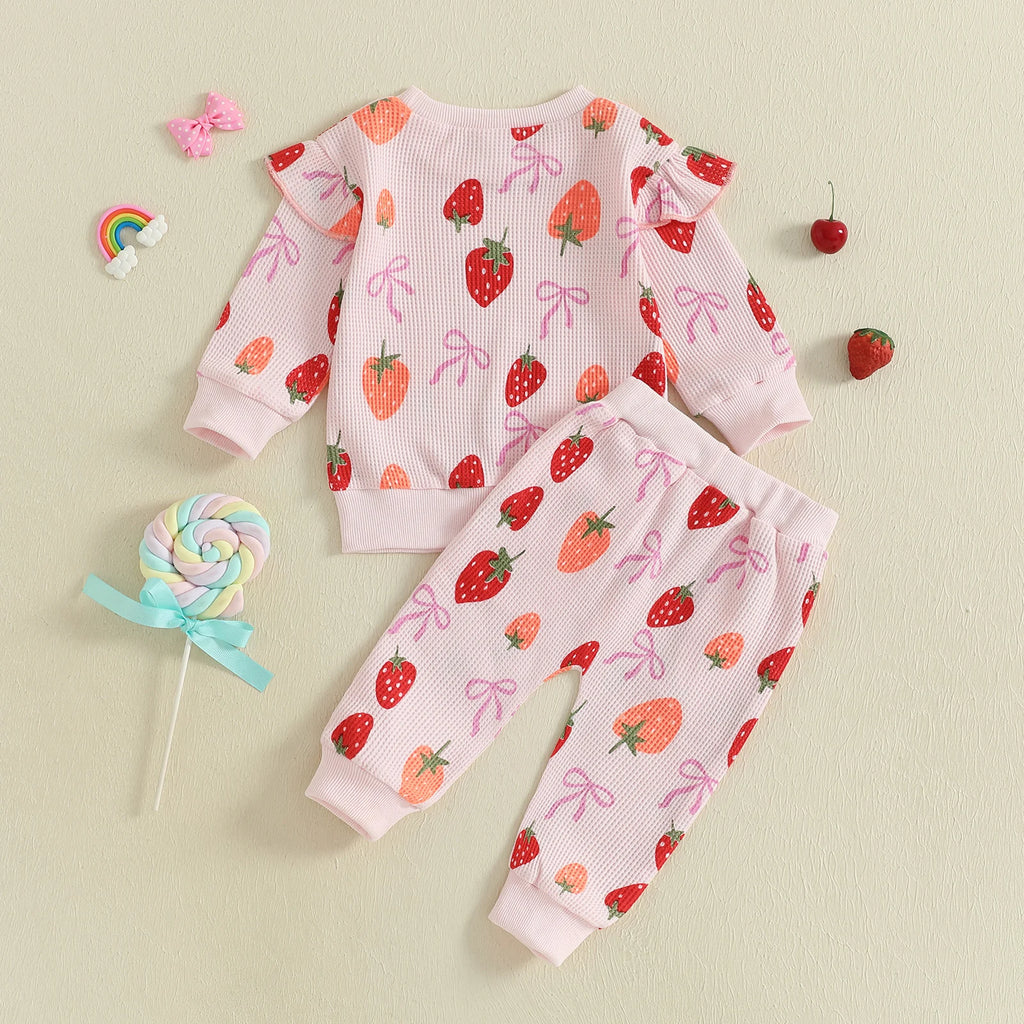 Baby Toddler Girls 2Pcs Fall Set Fashionable Strawberry Print Long Sleeve Pullover Top Bow Jogger Pants Outfit