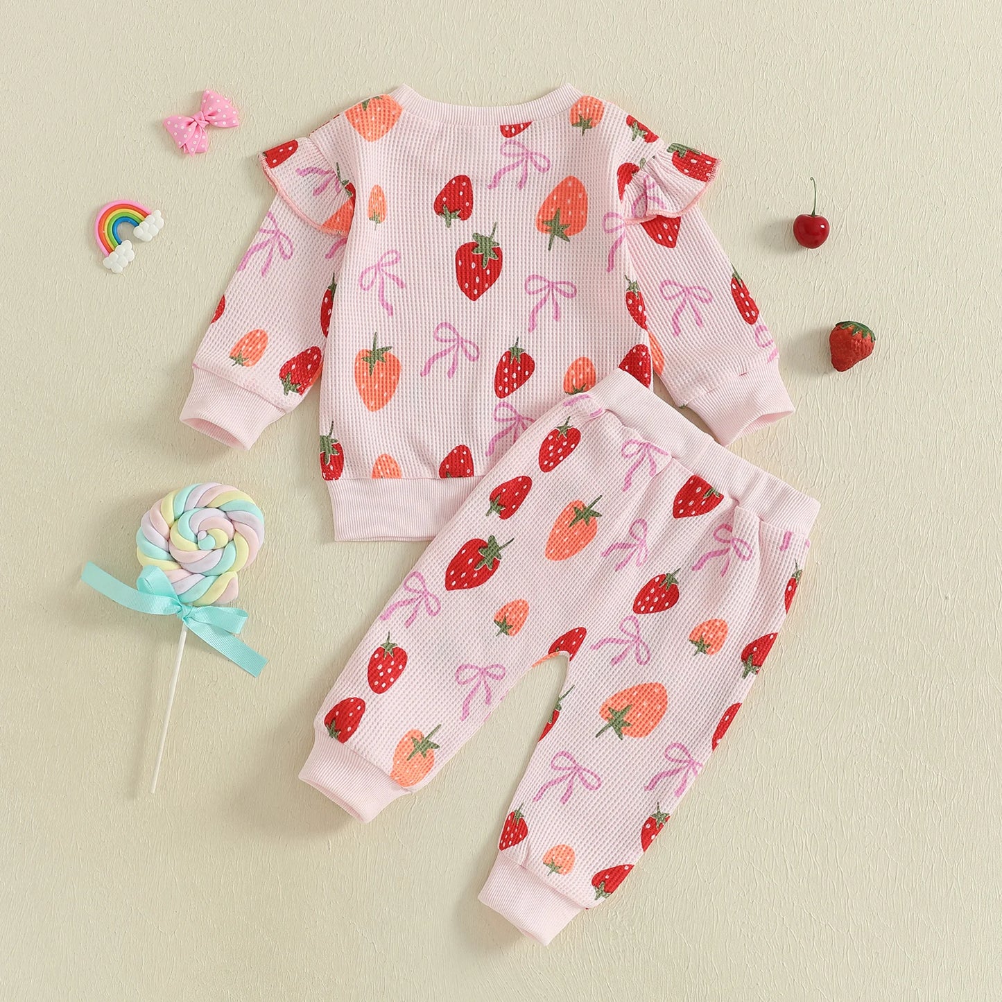 Baby Toddler Girls 2Pcs Fall Set Fashionable Strawberry Print Long Sleeve Pullover Top Bow Jogger Pants Outfit
