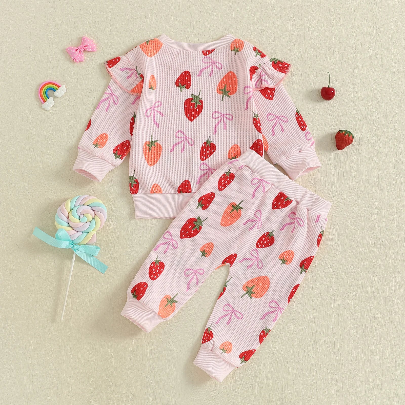 Baby Toddler Girls 2Pcs Fall Set Fashionable Strawberry Print Long Sleeve Pullover Top Bow Jogger Pants Outfit