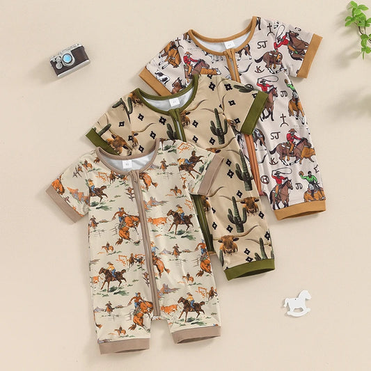 Baby Boys Summer Romper Short Sleeve Crew Neck Cactus Cow Horse Cowboy Print Zipper Jumpsuit