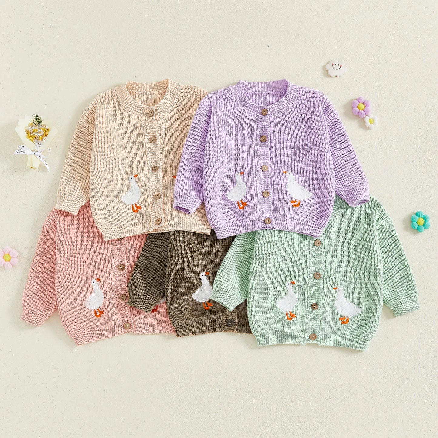 Toddler Kids Girl Knit Sweater Long Sleeve Round Neck Goose Embroidery Button Down Cardigan Tops