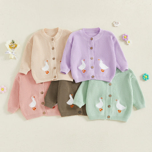 Toddler Kids Girl Knit Sweater Long Sleeve Round Neck Goose Embroidery Button Down Cardigan Tops