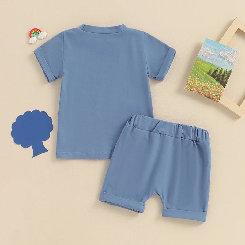 Baby Toddler Boys 2Pcs Summer Outfits Solid Color Rolled Hem Short Sleeve Top Elastic Waist Shorts Clothes Set