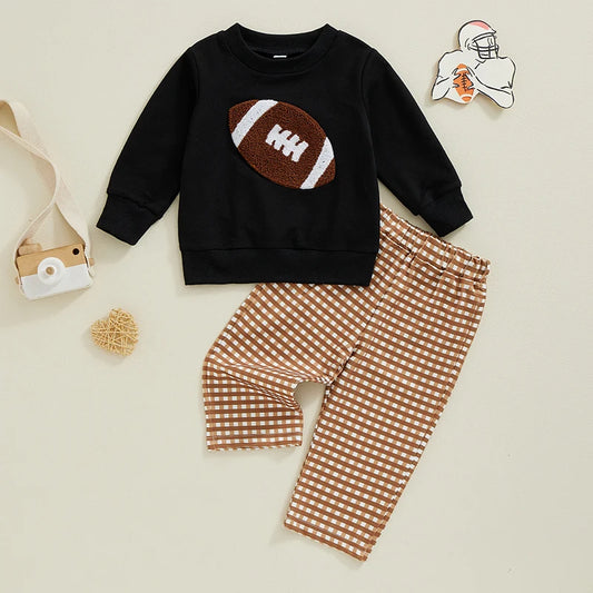 Baby Toddler Boys 2Pcs Fall Set Football Embroidered Long Sleeve Round Neck Top With Plaid Long Pants Outfit