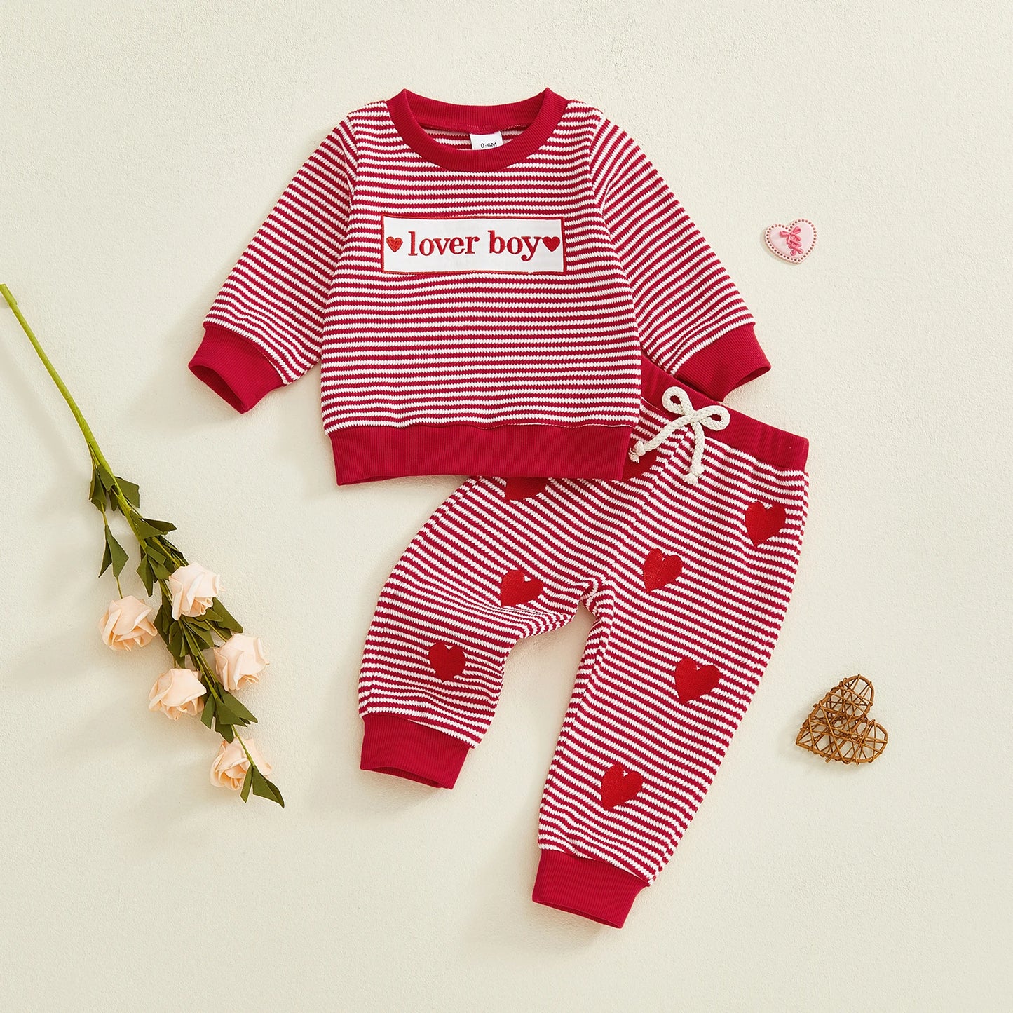 Baby Toddler Boy 2Pcs Lover Boy Valentines Day Outfit Stripe Letter Embroidery Crew Neck Long Sleeve Top and Heart Pants 2 Pcs Jogger Set