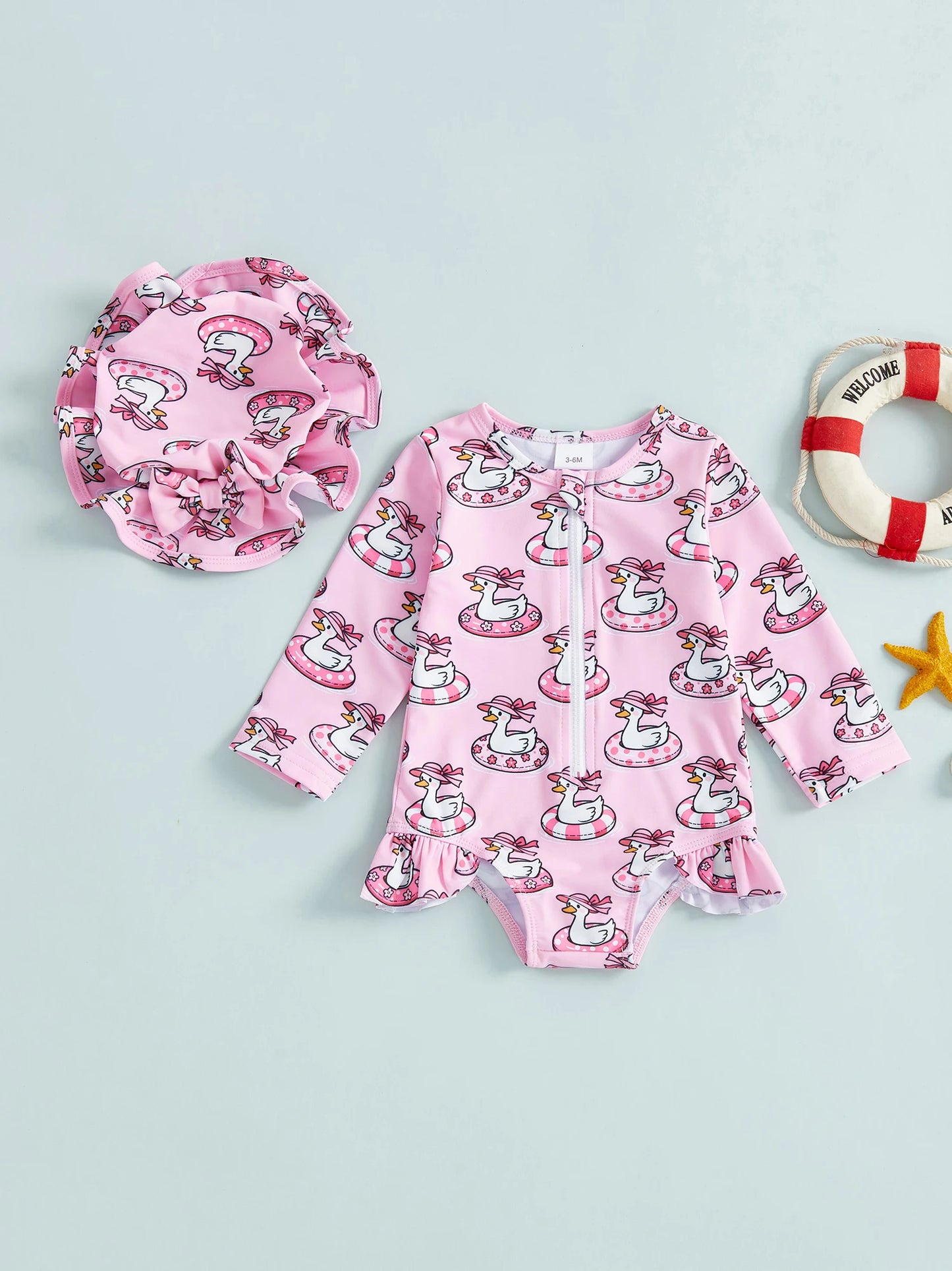 Baby Toddler Girls 2Pcs Swimsuit Set Duck/Shell Print Crew Neck Long Sleeve Zipper Rash Guard Swimwear and Sun Hat