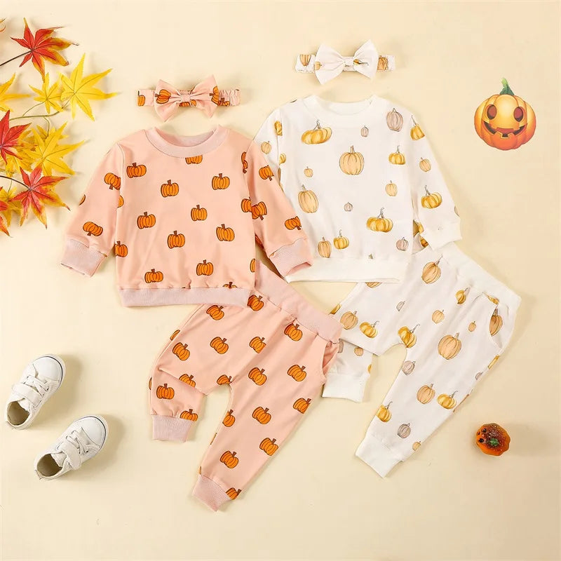 Baby Toddler Girls 3Pcs Halloween Outfit Pumpkin Print Long Sleeve Top Long Pants Headband Fall Set