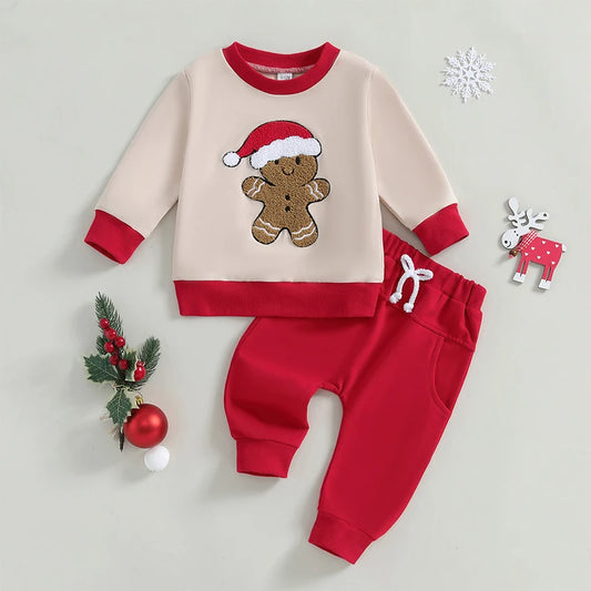 Baby Toddler Boys Girls 2Pcs Christmas Jogger Set Gingerbread Man Embroidery Long Sleeve Crewneck Top and Pants Outfit