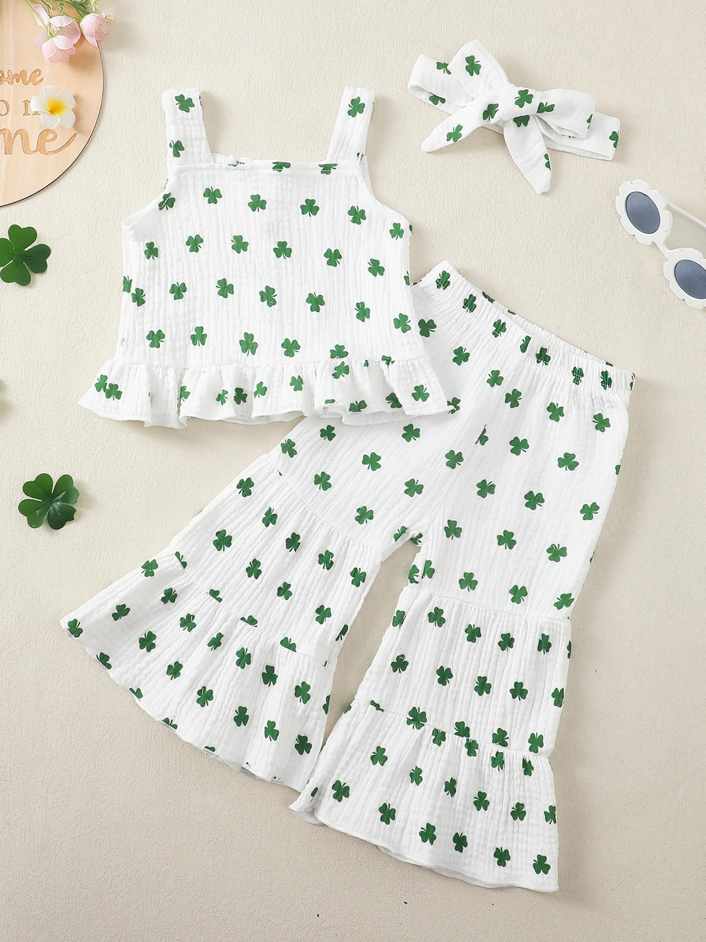 Baby Toddler Girls 3Pcs St. Patrick's Day Outfit Shamrock Print Sleeveless Top and Elastic Waist Flared Pants Set