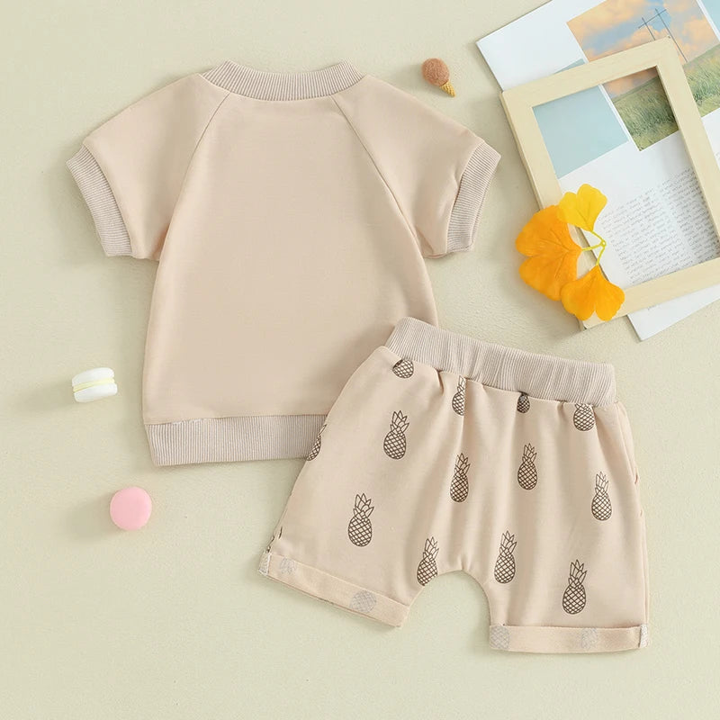 Baby Toddler Boy Girl 2Pcs CUTE Letter Pattern Short Sleeve Top with Pineapple Pattern Short Outfit Set