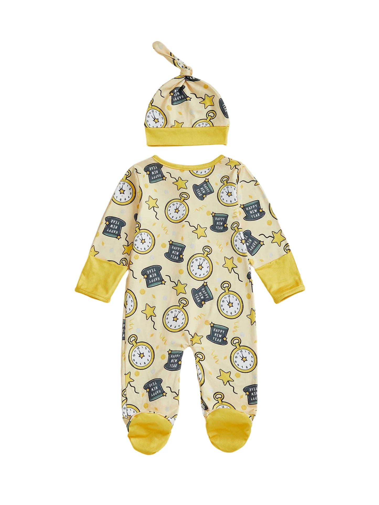 Baby Boy Girl 2Pcs Happy New Year Outfits Cute Long Sleeve Round Neck Hat Clock Print Footed Jumpsuit and Hat Set