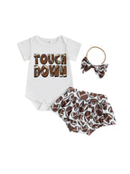 Baby Girls 3Pcs Touch Down Outfit Football Letter Print Romper Skirted Shorts Skort and Headband Bow Set