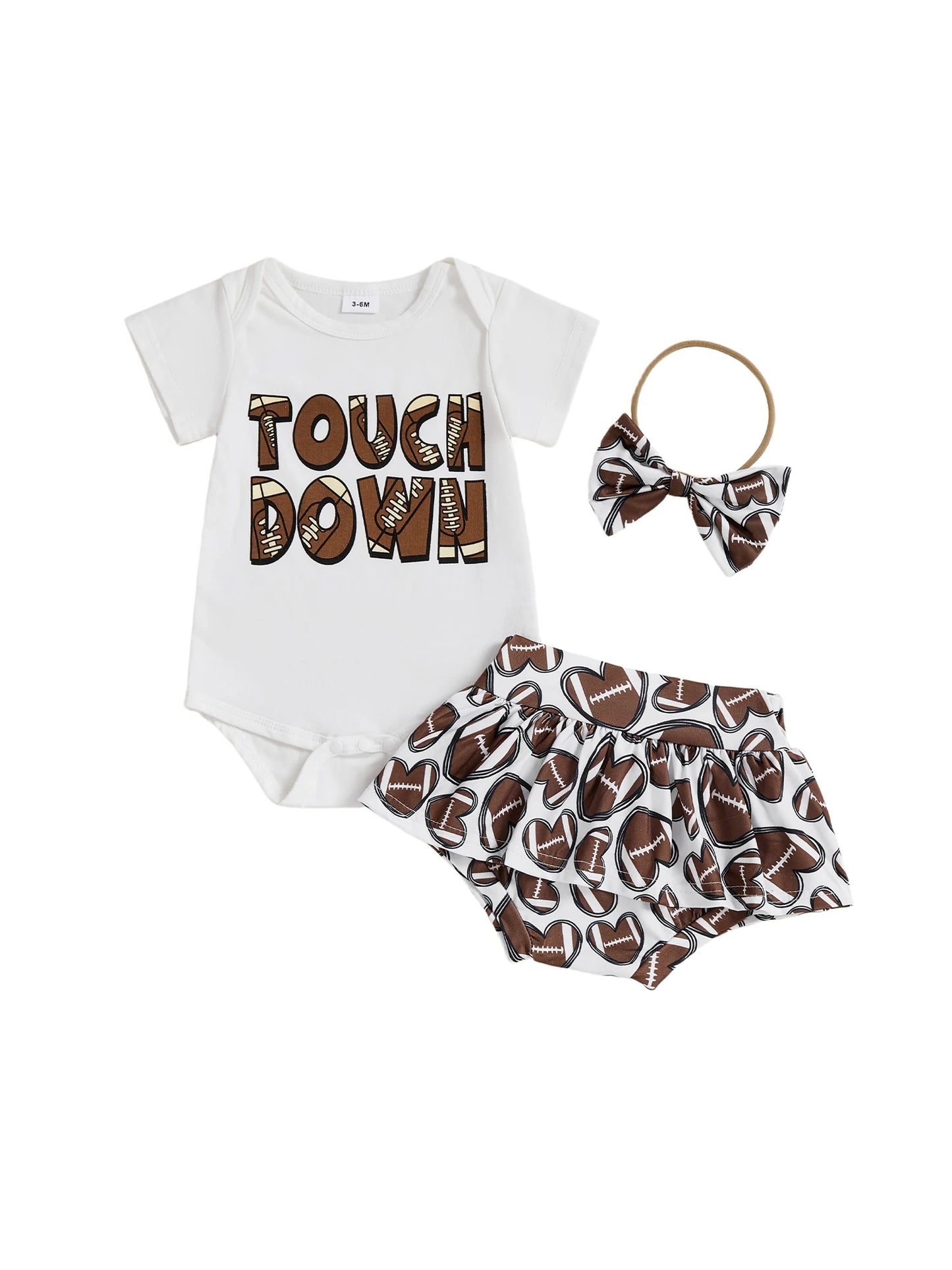 Baby Girls 3Pcs Touch Down Outfit Football Letter Print Romper Skirted Shorts Skort and Headband Bow Set