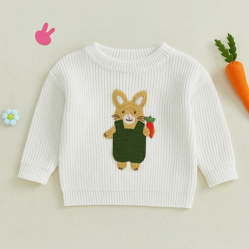 Baby Toddler Kids Girls Boys Pullover Sweater Casual Long Sleeve Easter Bunny Rabbit Embroidery Knitwear Knit Top