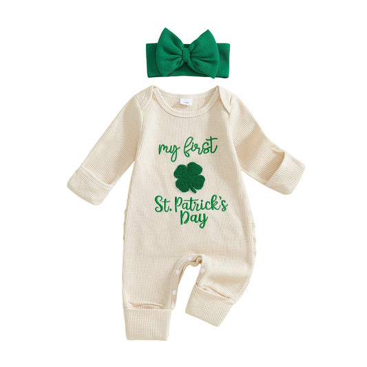 Baby Girl 2Pcs My First St. Patrick's Day Spring Romper Long Sleeve O Neck Letter Clover Embroidery Jumpsuit with Headband Set