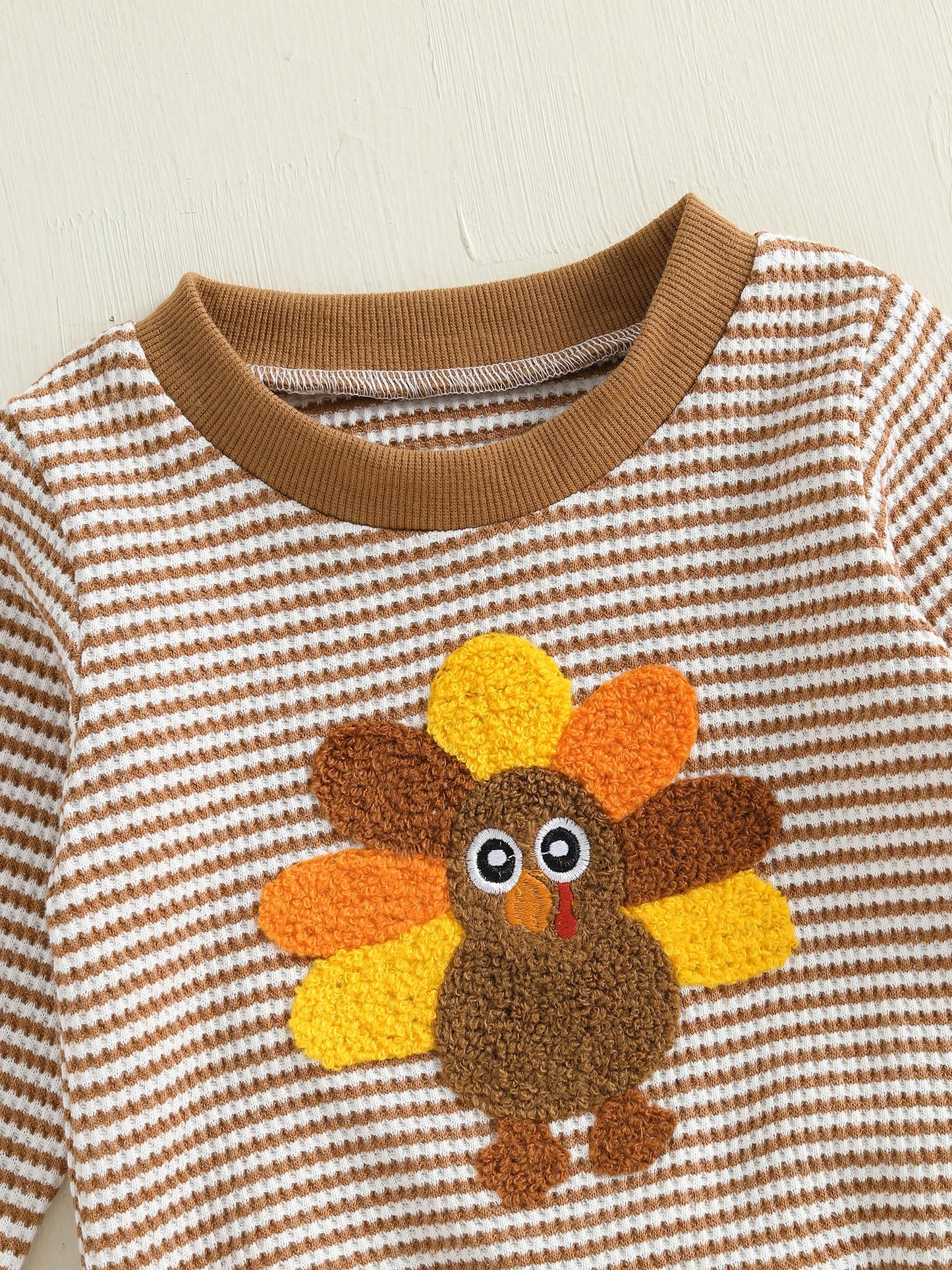 Baby Toddler Girls Boys 2Pcs Thanksgiving Outfits Turkey Embroidery Striped Long Sleeve Top and Elastic Pants Jogger Set