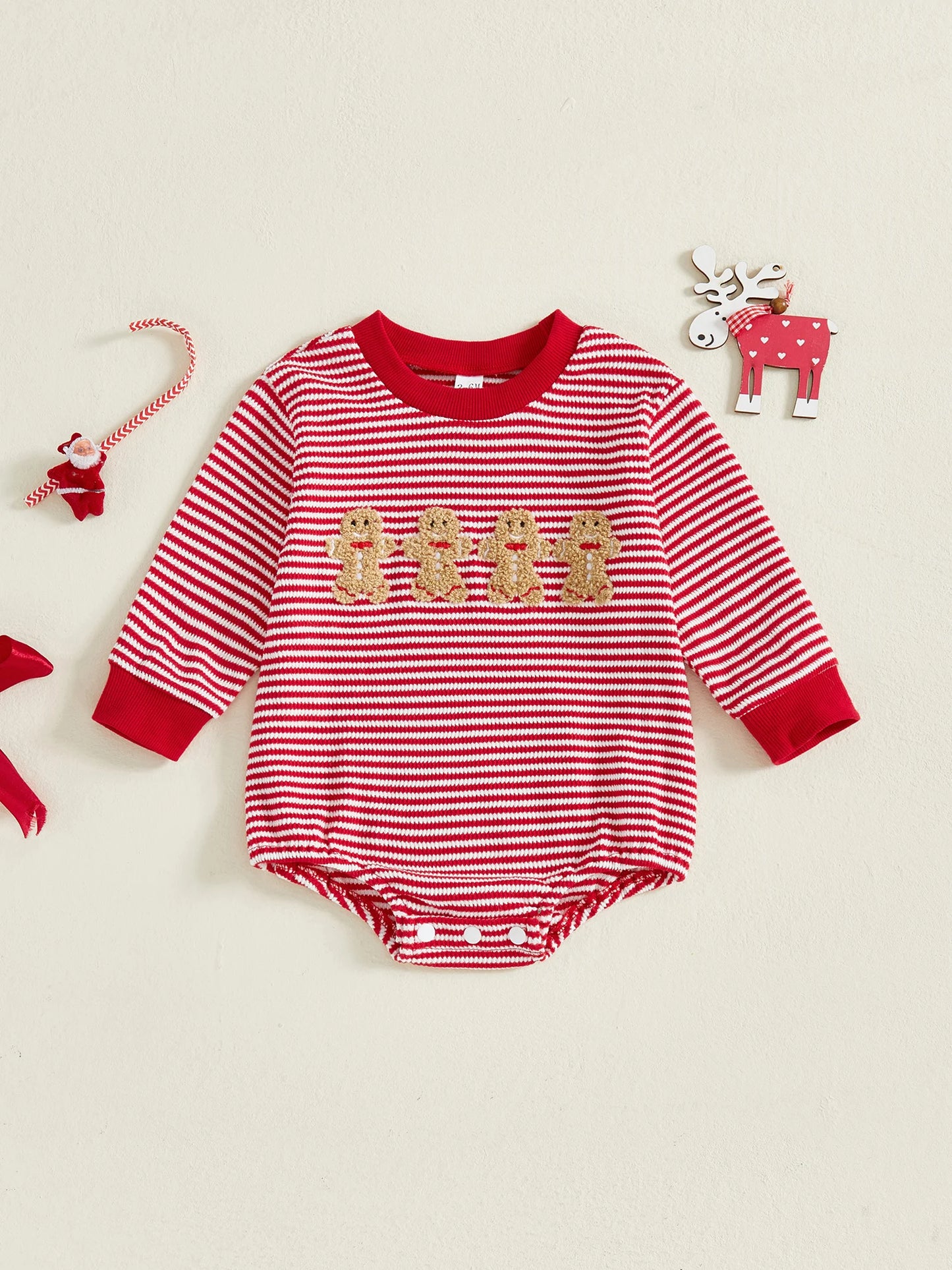 Baby Girls Boys Striped Romper Fashionable Christmas Gingerbread Embroidery Round Neck Long Sleeve Jumpsuit